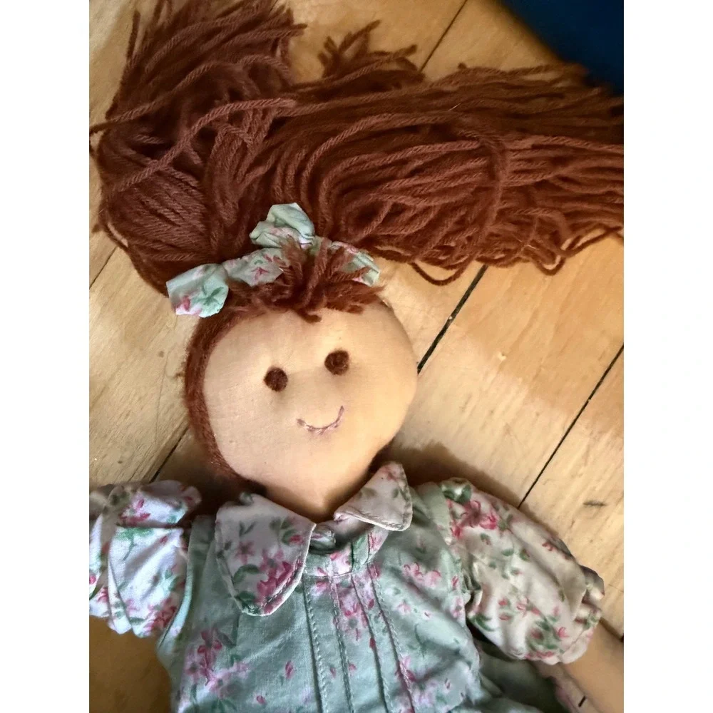 Vintage Cornell Rag Doll Green Floral Dress Yarn Hair Plush Toy 14 Inch